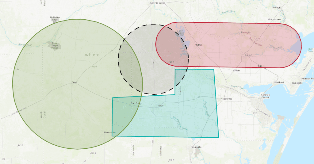 UAS Operating Area distance query results on map.