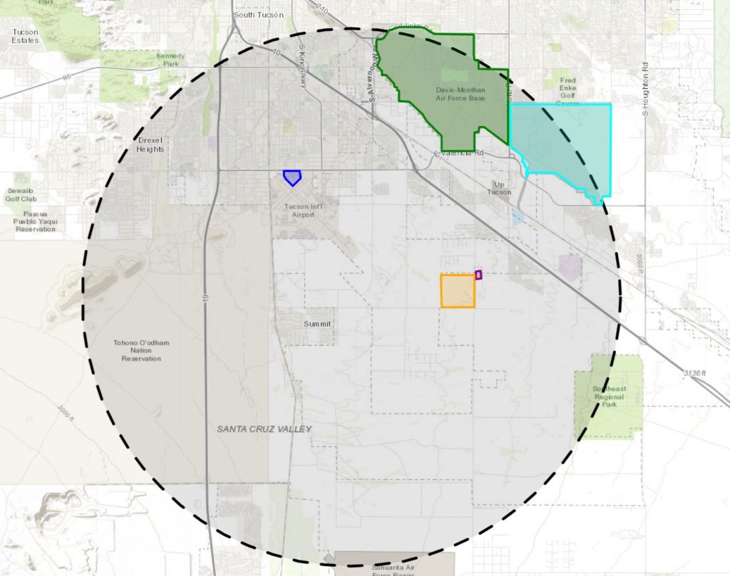 Map display of special security areas where drone flights are restricted.
